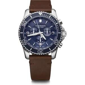 שעון יד אנלוגי לגברים עם רצועת עור חומה Victorinox 241865 Maverick Chronograph - צבע כחול