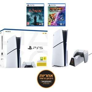 באנדל קונסולת משחק Sony PlayStation 5 Slim 1TB Bluray Edition הכוללת 2 משחקים ומטען בקרים מבית דרגון